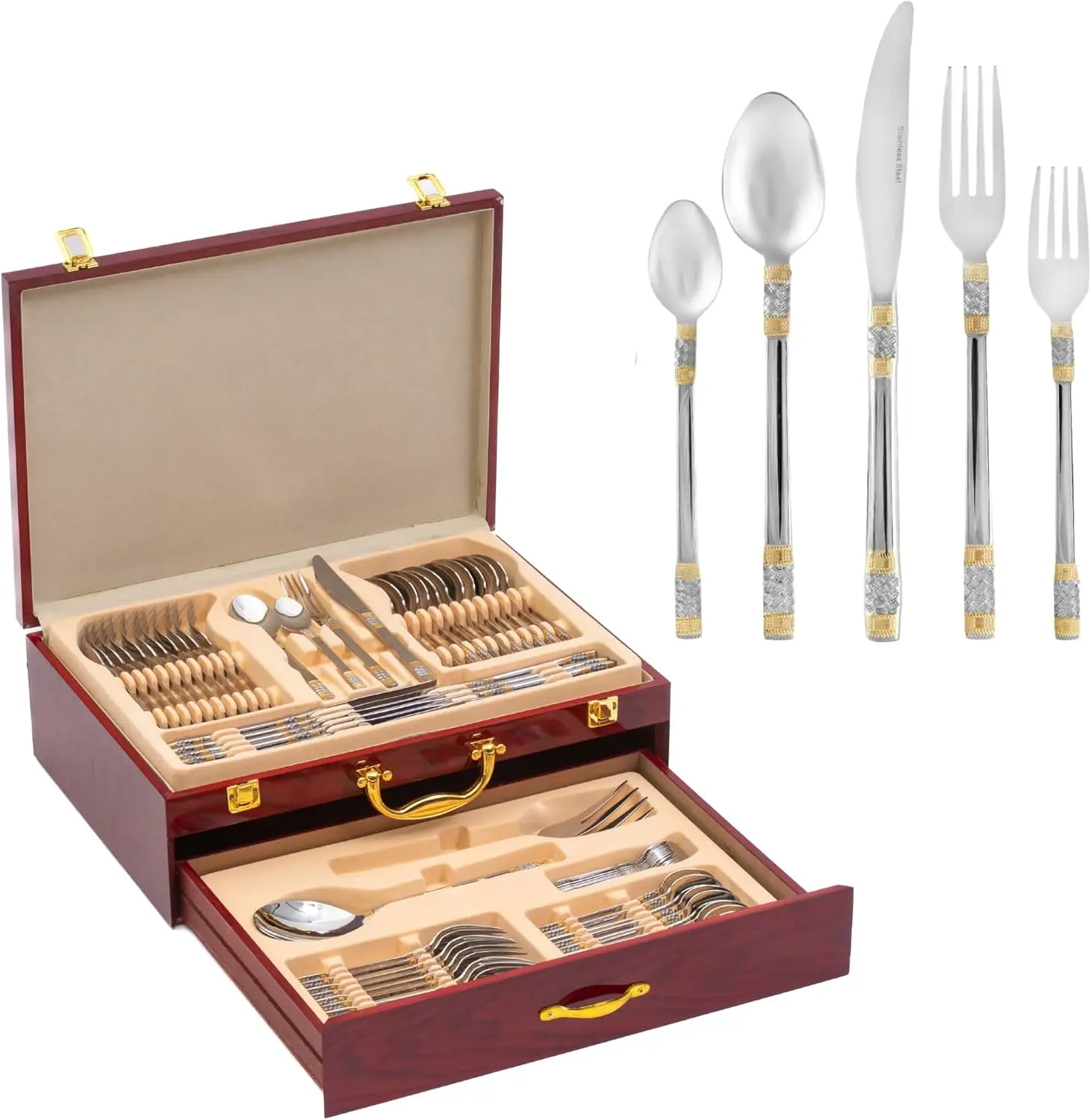18/10 Flatware Service for 12-75 Piece Stainless Steel Set Polished Cutlery with Gold Accents 3 Piece Hostess Serving Ensemble