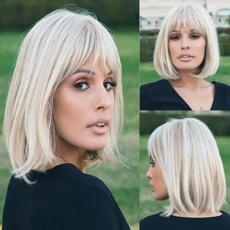 

Women's Fashion Short Grey Bob Wigs with Bangs Natural Hair Heat Resistant Synthetic Ash Blonde Hair Cosplay Party Wig