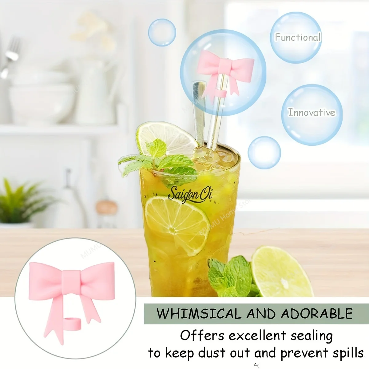 Set of 3 Cute Reusable Silicone Bow Straw Cap Covers and Water Bottle Protective Boots