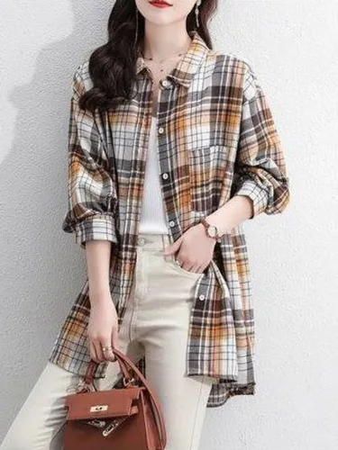 여성용 체크 셔츠, 긴팔, 캐주얼 라펠, 턴다운 칼라, 체크 무늬, 클래식 싱글 브레스트 상의, 세련된 빈티지 4