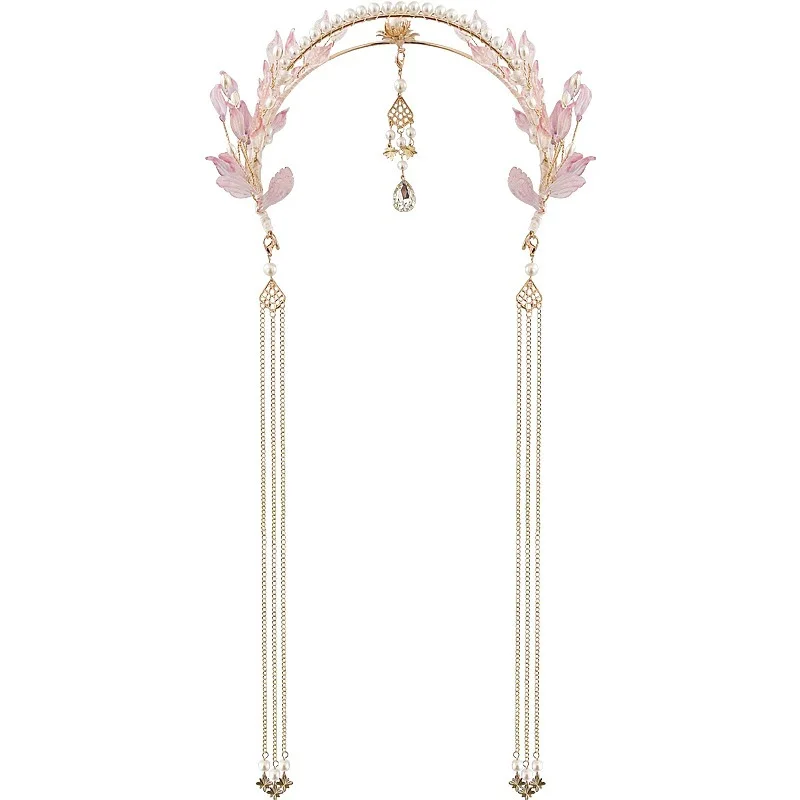 Tassel Fake Earrings Hairband Chinese Hanfu Hair Accessories Pink Floral Tiaras Headband Travel Photography Fairy Hair Jewelry jewelry accessories,hair accessory,hair headdress