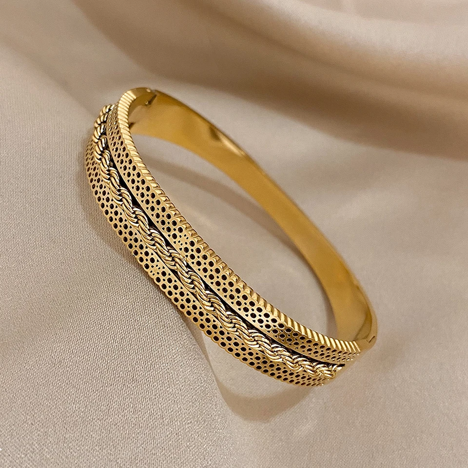 Bracciale Rigido Intrecciato In Acciaio Inossidabile Con Doppia Tonalità Oro E Argento - Regolabile E Alla Moda Per Donna