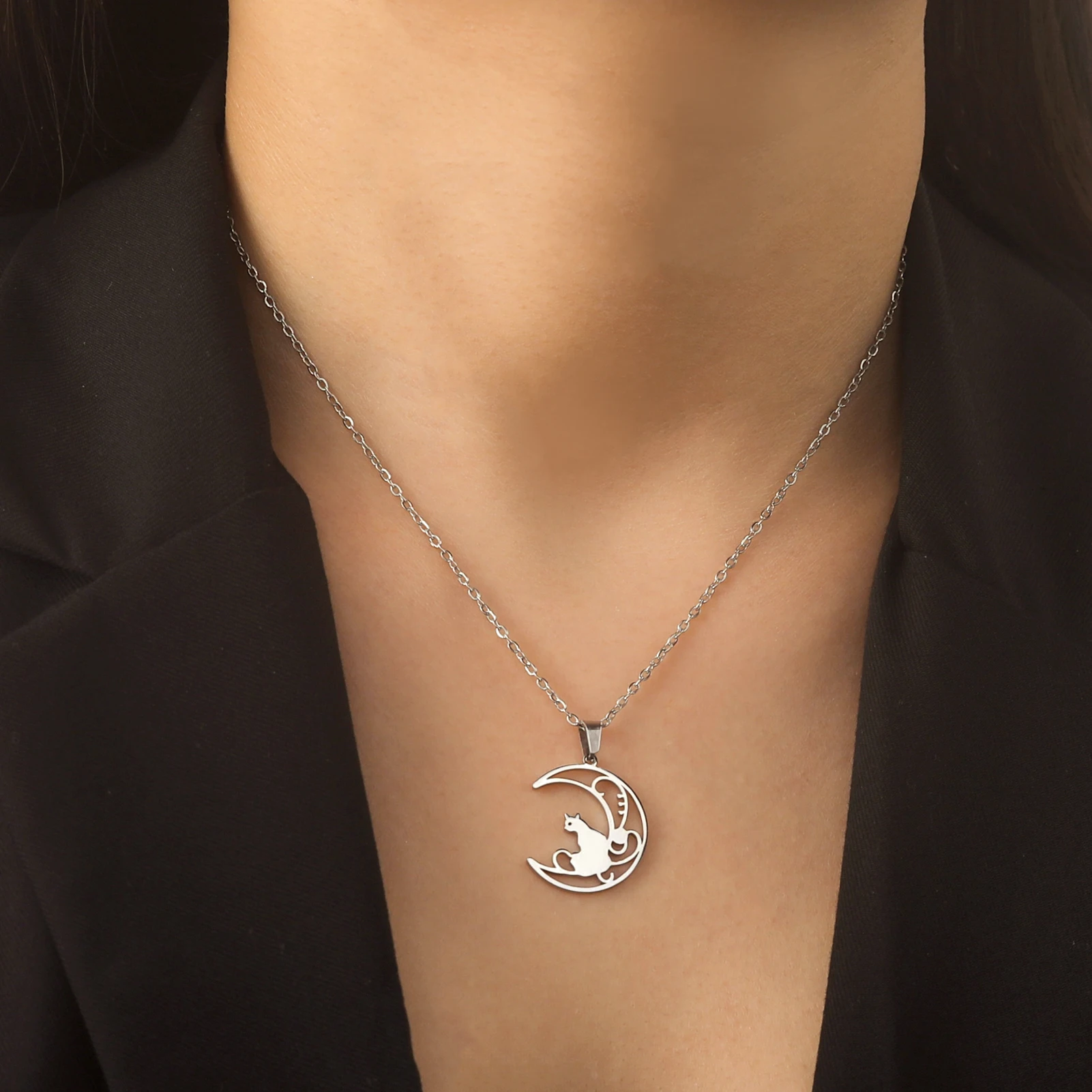 Cazador Halbmond-Katze-Anhänger-Halsketten für Frauen, Tier-Kätzchen, filigrane Halskette, 2026, Edelstahl, Schmuck, Geschenk-Trend – Detail 16