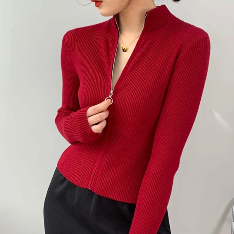 

Autumn Elegant High Neck Zipper Knitted Sweater Women Solid Basic Cropped Cardigan Winter Fashion Clothing 2024 Korean Slim Tops