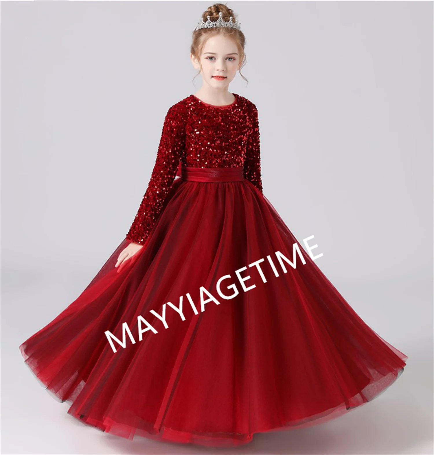 

Sequin Tulle Long Sleeves Junior Bridesmaid Dress Flower Girl Dresses Puff Skirt Girls Pageant Evening Party Gown