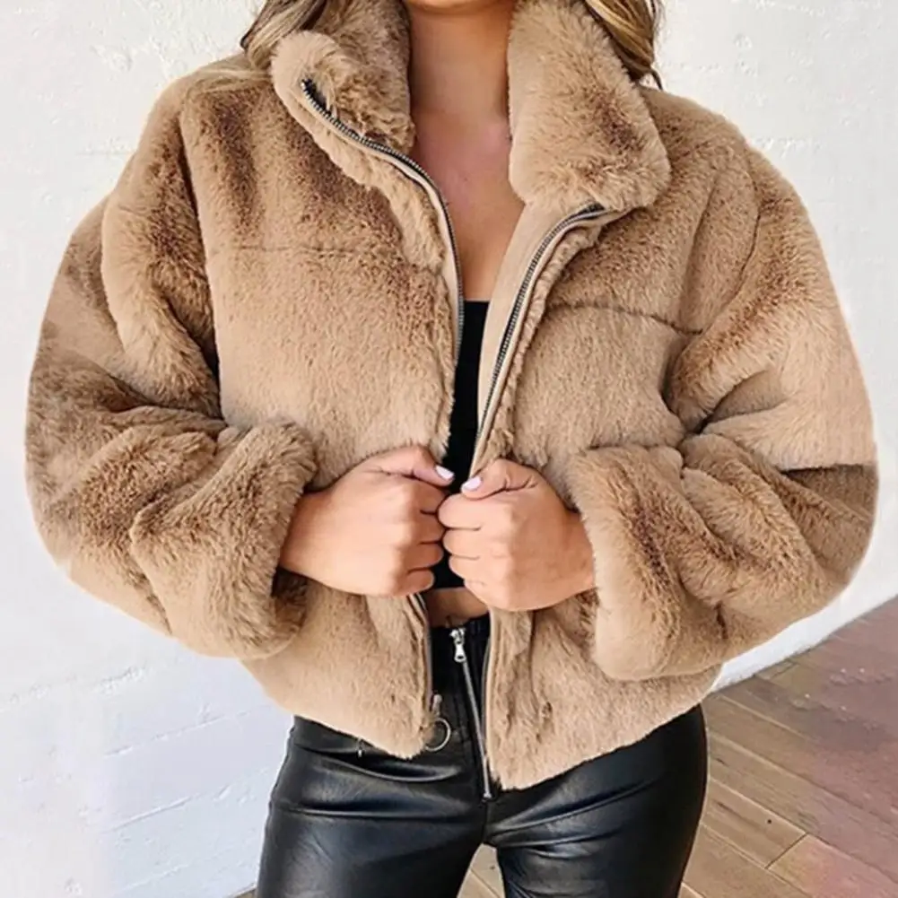 цена Women's Plush Coat  Zipper Cardigan Stylish Cozy Trendy Commute Design Elegant Jacket Solid Color Autumn Winter Coat Outerwear