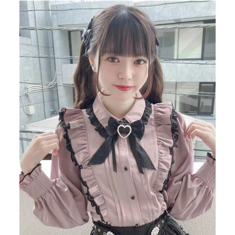 B-TOTO Women's Blouse Sweet And Cute Doll Collar Love Lace Lace Blouse [Send Bow] Pink And White 2023 New!