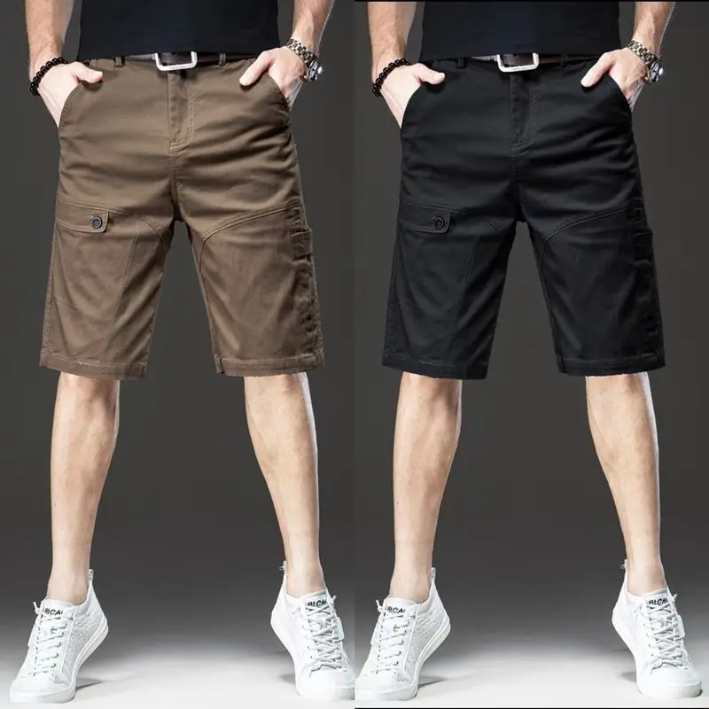 Summer New Fashion Trend Cotton Japan Style Wide Leg Shorts Men's Solid Patchwork Button Zipper Pocket Casual Loose Cargo Shorts
