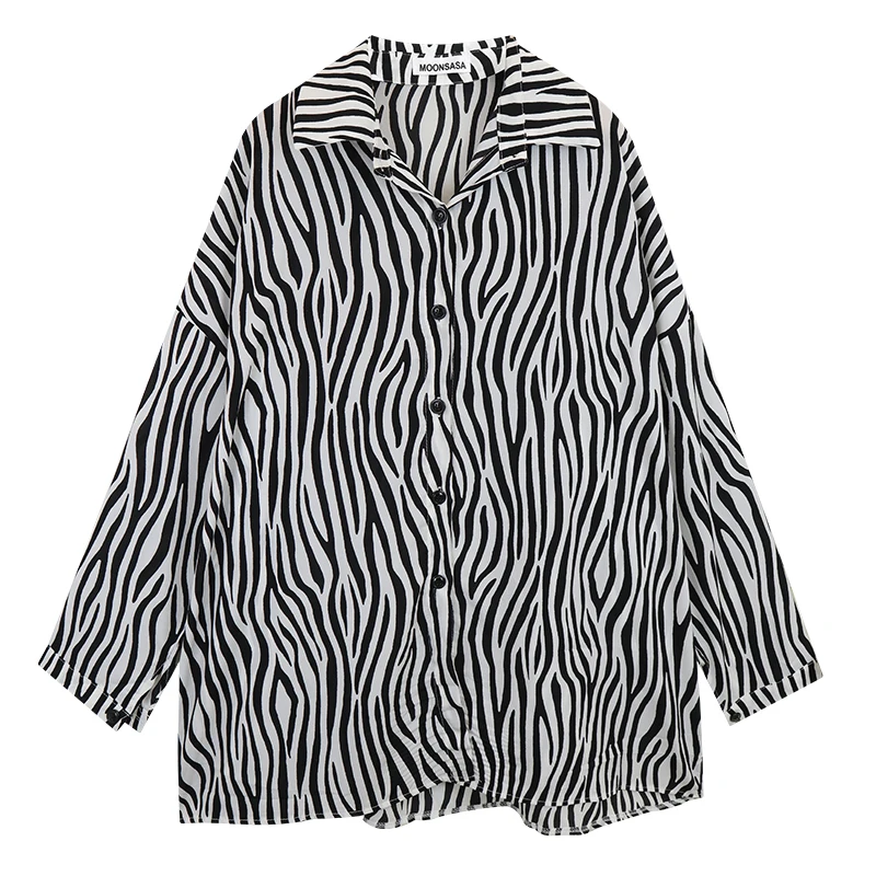 Couples Men Women Zebra Stripes Shirt Casual Loose Oversized Single Breasted Blouse Top Female Long Sleeve Fashion Blouses Shirt ccmm sweet women peter pan collar lace spliced contrast color print puff sleeve dress summer new pink stripes loose robe