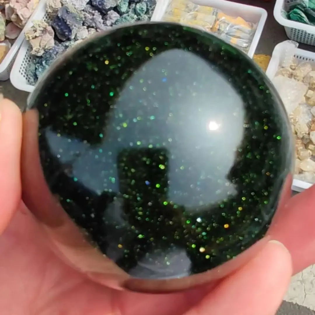 Beautiful Green Sand Golden Stone Ball Crystal Energy Healing Home Office Decoration Craft Gifts Feng Shui Ornament 3