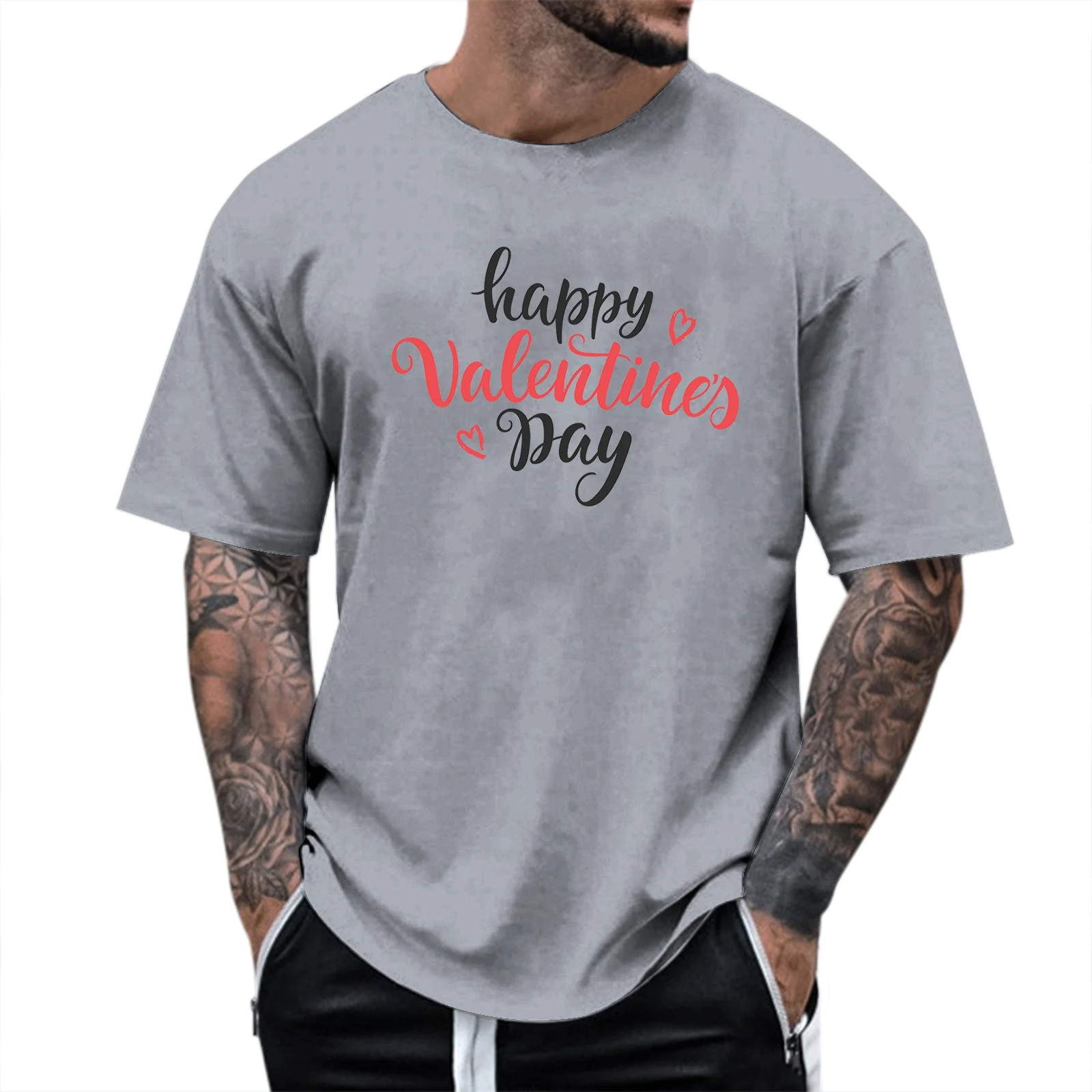 

Round necked men's pink Valentine's Day T-shirt cute letter printed short sleeved top summer fashion casual T-shirt street short