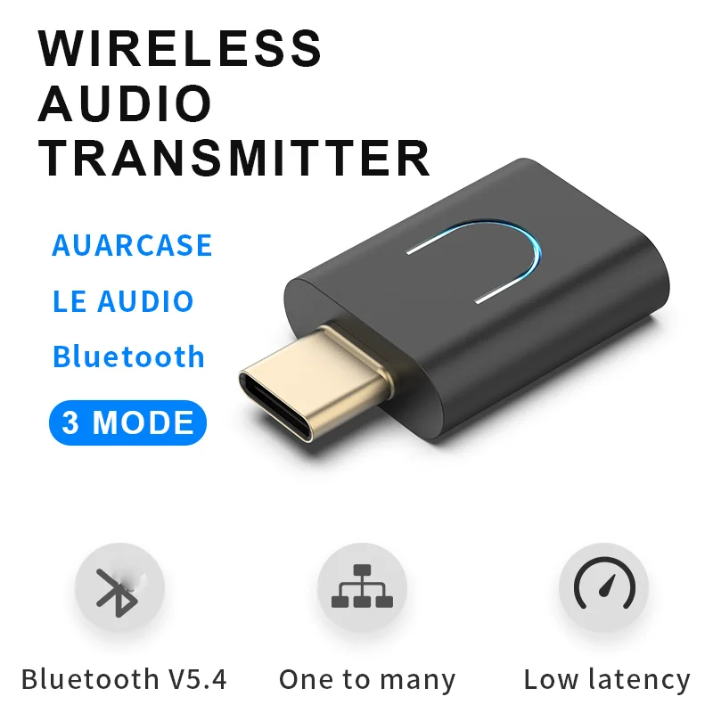 LC3 Bluetooth-compatible 5.4 Audio Transmitter aptX-LL/HD Type-c Wireless Stereo Music Adapter with Auracast for PC TV for PS4/5