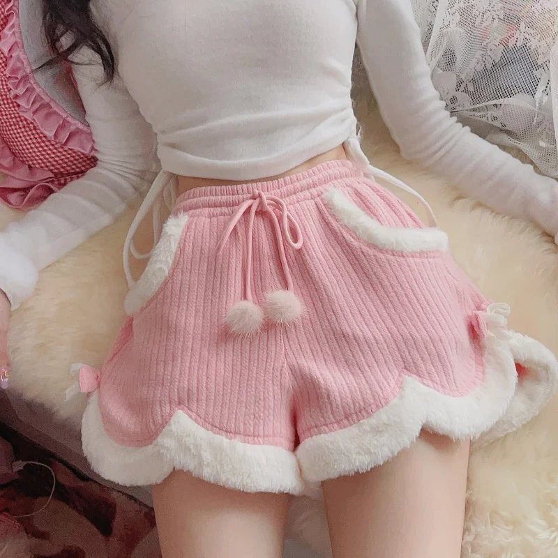 pink-kawaii-plush-bow-lolita-shorts-women-cute-elastic-waist-lace-up-short-pants-y2k-female-korean-warm-wide-leg-bottoms-shorts