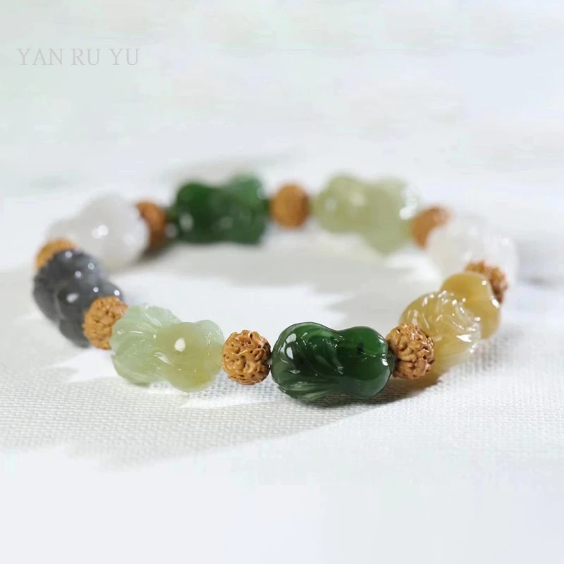 Colorful Natural Hetian Jade Cabbage Bracelet Man Woman White Yellow