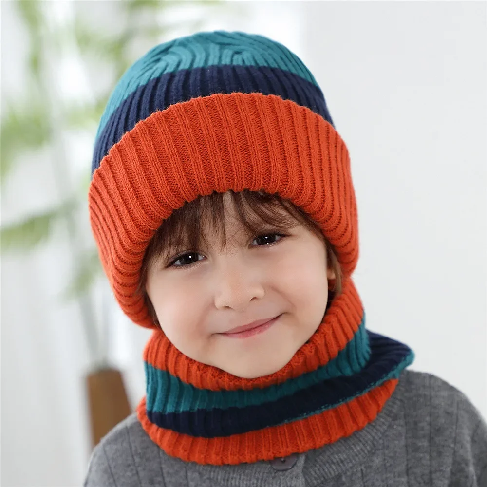 Baby Kid Stripe & Solid Hat Scarf 2 Piece Set Boy Girl Soft Knit Cap And Plush Ring Scarves Child Winter Outdoor Warm Wear 0-8T