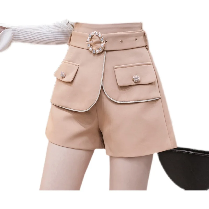 

2023 Summer Women Beads Diamond A- Line Wide Leg Pants Korean High Waist Loose Ladies Casual Short Pant