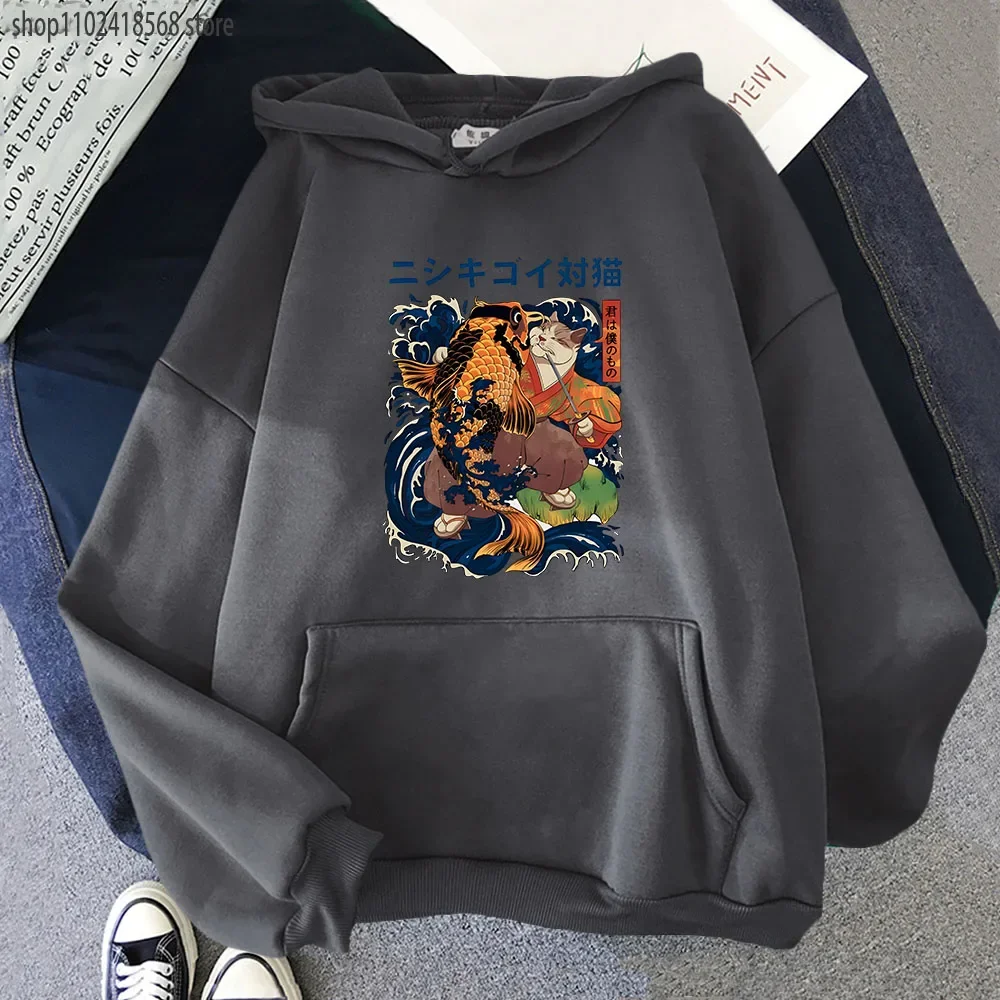 Cat Eat Fish Print Hoodies Kawaii Cartoon Graphic Sweatshirt Hip Hop Street Streetwear Men's Clothes Long Sleeve Pullover Women