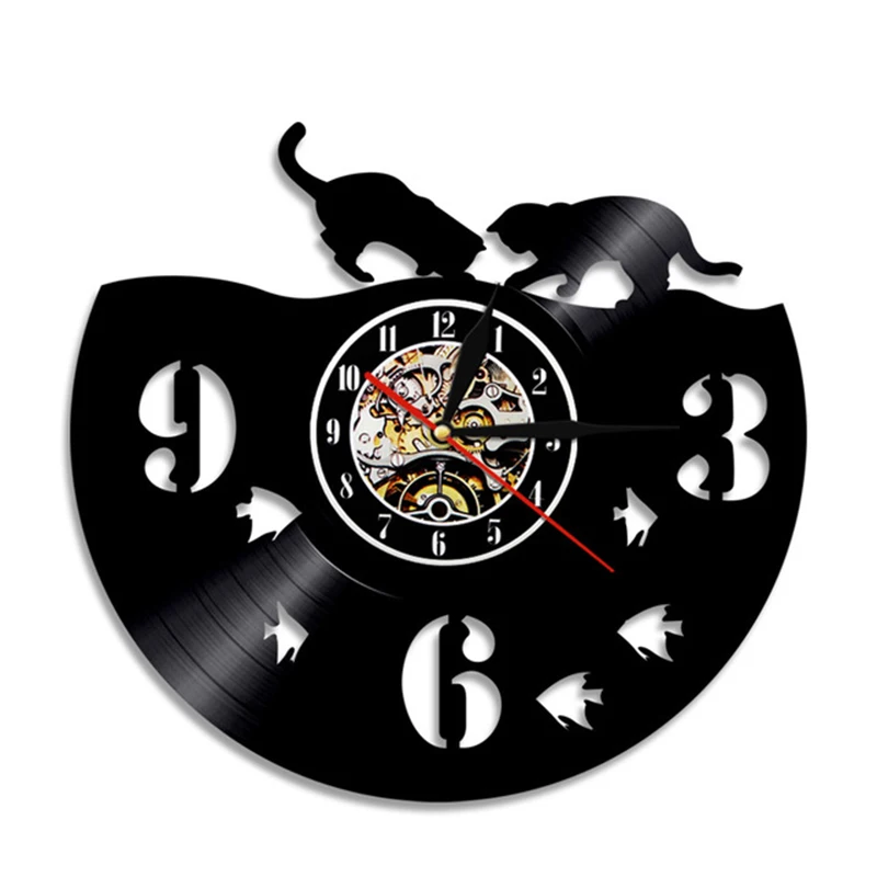 

Couple Cat And Fish Vinyl Record Wall Clock With LED Backlight Home Decor Night Light Kitty Silent Wall Watch LED Hanging Lamp