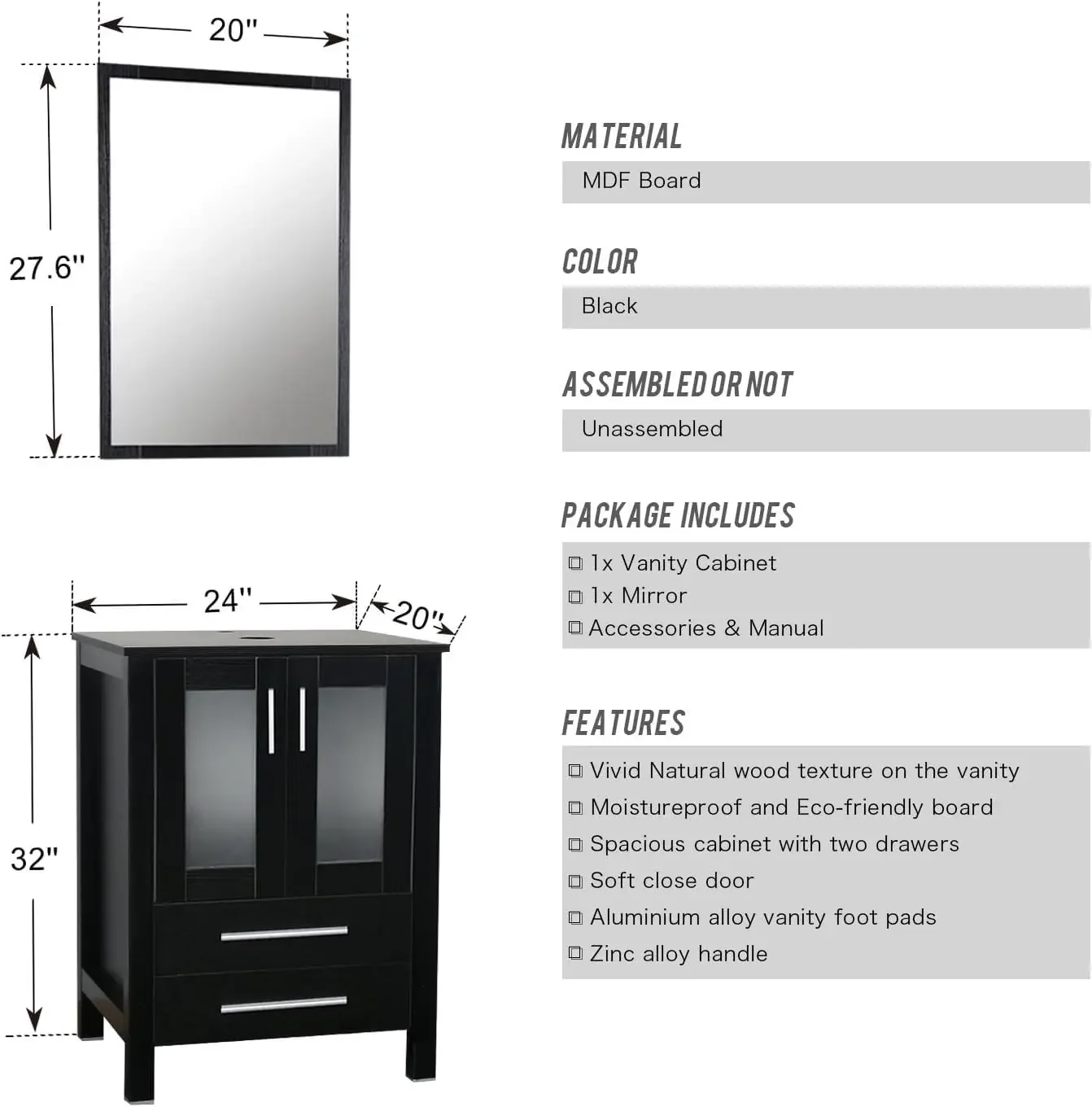Double Vanity(2 * 24 Vanity 2* Porcelain Vessel Sink Combo(Square) 1 * 12" Side Cabinets) Double Bathroom Vanity Top 6