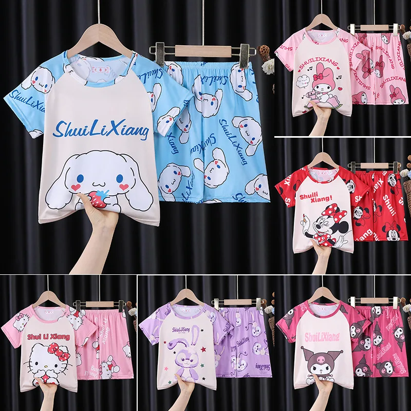 

Sanrio Anime Children Pajamas Kawaii Mymelody Kuromi Cinnamoroll Girl Summer Thin Section Short Sleeve Set Cute Cartoon Homewear