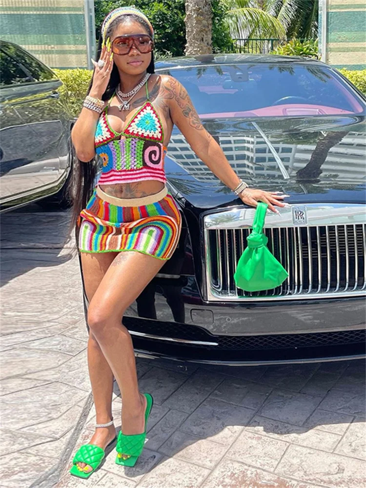 

WJFZQM Women Halter Lace Up Sleeveless Crop Tops+ Mini High Waist Skirts Female Street Suit Colorful Crochet Print Two Piece Set