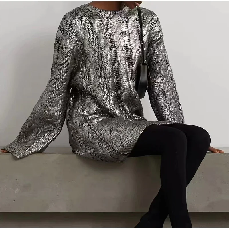 Vintage Knitted O-neck Sweater Women Casual Loose Sliver Long Sleeve Pullover Sweaters Female Winter Chic High Street Knitwear