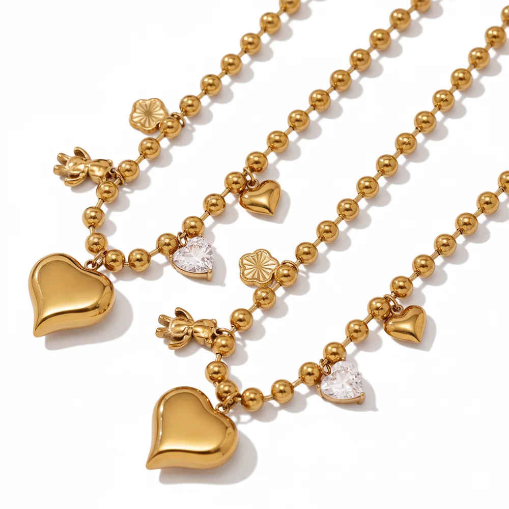 Niedliche herzförmige Zirkon-Anhänger-Halskette für Damen, Edelstahl, vergoldete Perlen, Bären-Blumen-Halskette, Luxus-Schmuck, Geschenk
