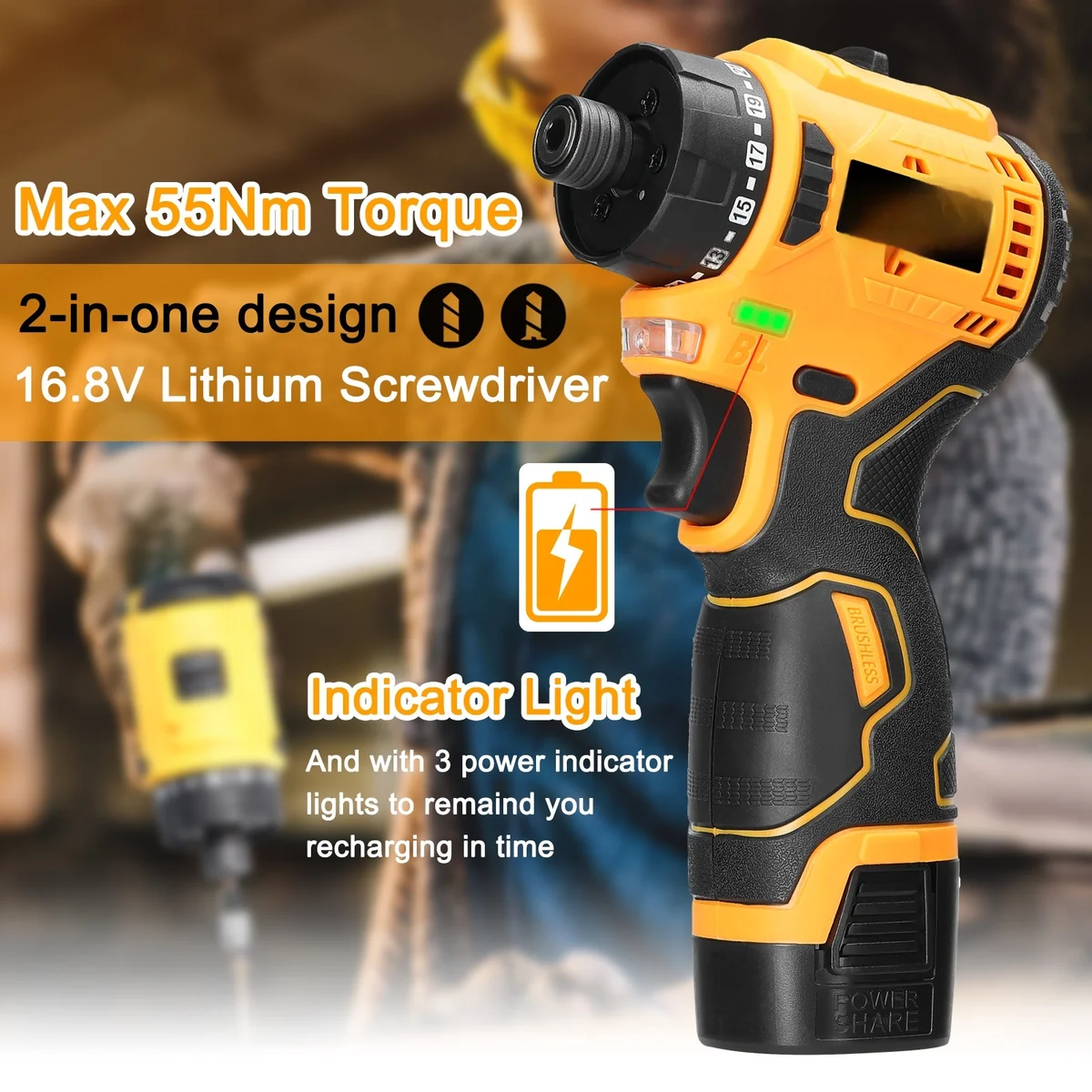 16.8V Lithium Screwdriver 1500rpm 55Nm 2 batteries Torque Multifunctional Repairing Tool Kit Electric Screw Driver — view 6