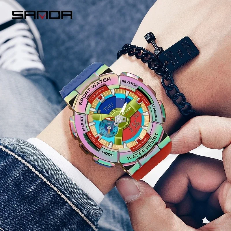 Sanda Men Digital Watch G Style Sports Waterproof Shock Military Premium Watches Magic Color Cool Luxury Wristwatch Relojes 9004 novelty 3d printed summer headscarf for women magic sports bandana microfiber seamless hijab neck scarf face head wrap headwear