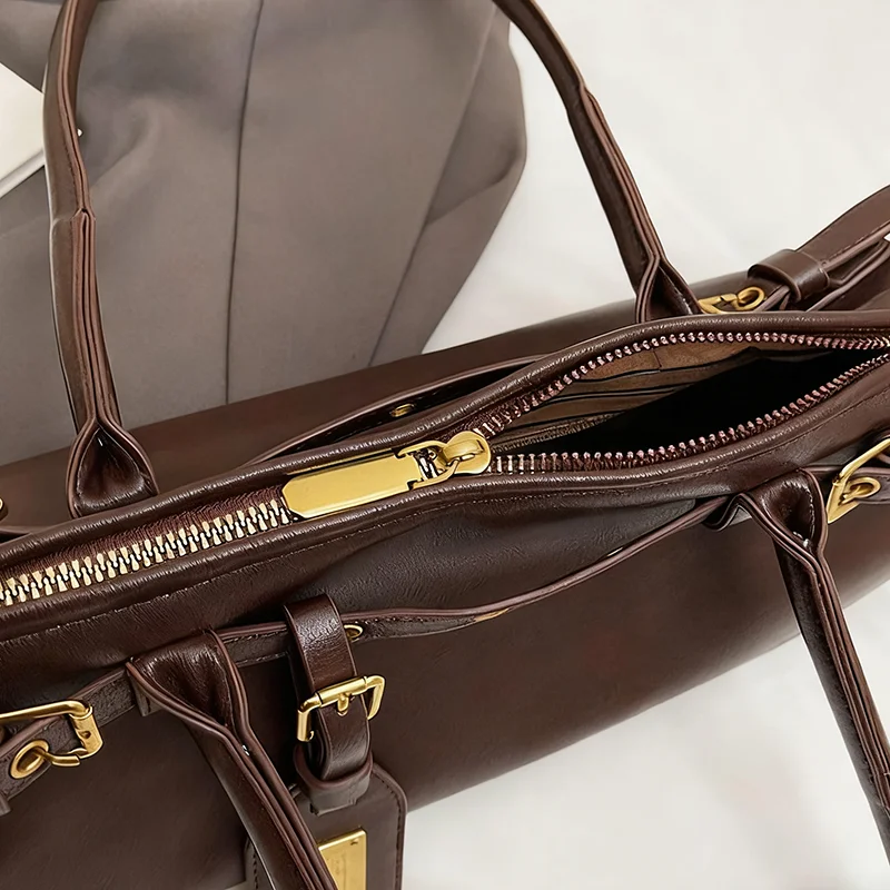 Ladies Vintage Bag Fashion Retro Large Capacity Tote Bag Motorcycle Bag Pu Shoulder Bag Handbag Brown