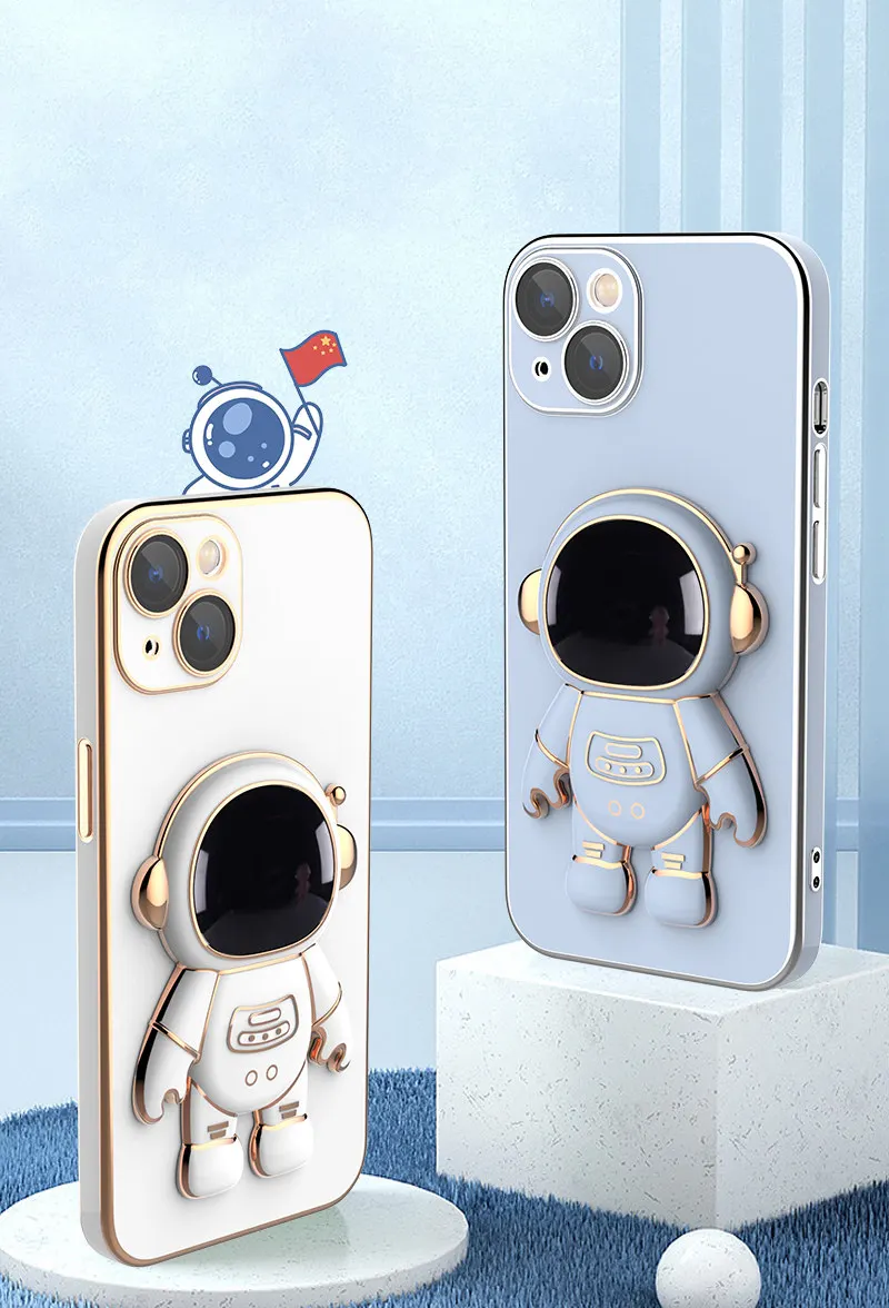 Plating 3D Astronaut Stand Holder Phone Case For iPhone 13 11 12 Pro Max 13Pro XS Max XR X 7 8 Plus 11 Camera Protection Cover iphone 12 pro max leather case