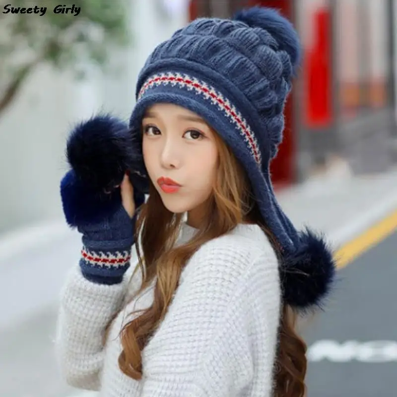 2024 Winter Knit Hat Women Rabbit Fur Bomber Plush Snow Hats Pompom Female Solid Hip-Hop Beanie Outdoor Ear Protection Cap New 4