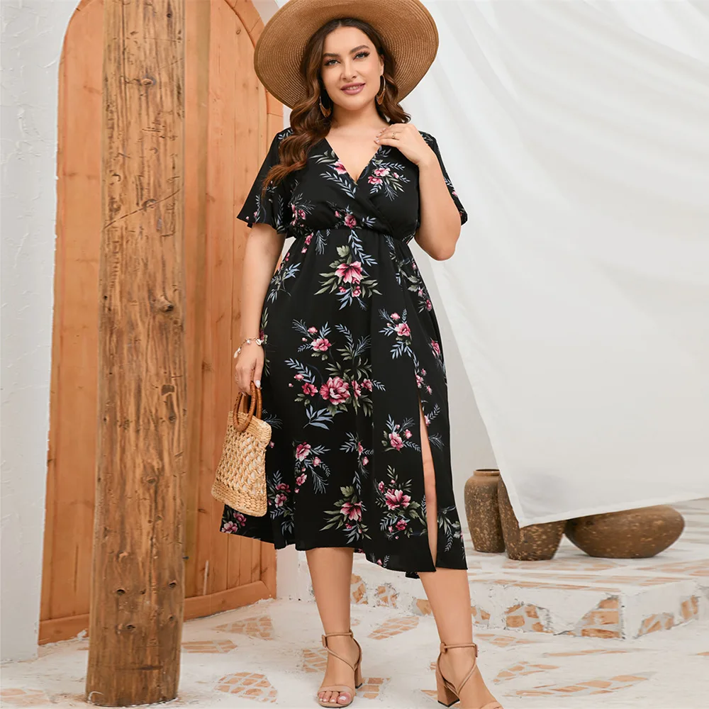 

Plus-size Women Elastic Waist Print Slit Elegant Short-sleeved Dress