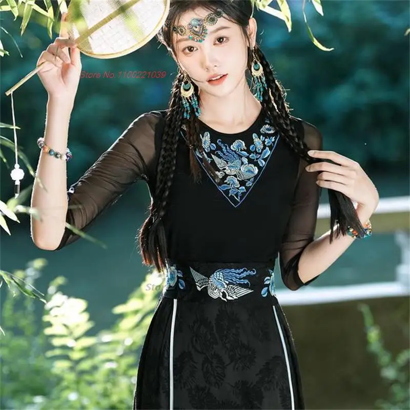 

2024 traditional chinese vintage t-shirt national flower embroidery retro hanfu mesh shirt oriental tang suit ethnic base shirt