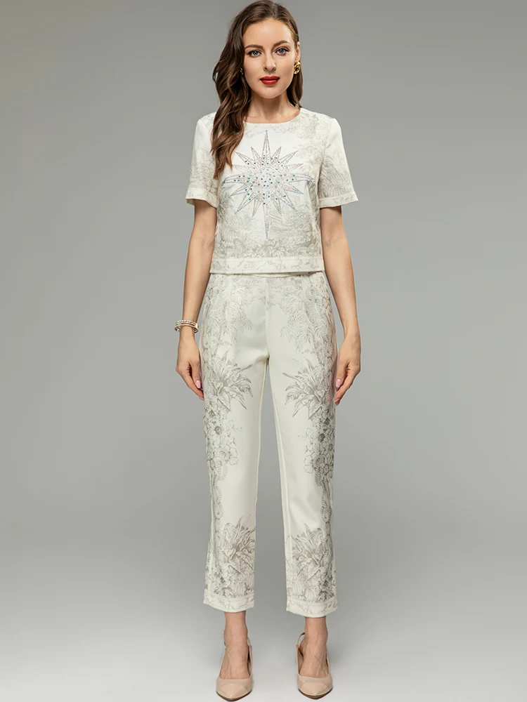

MoaaYina Spring Summer Fashion Designer Pencil Pants Suit Women's Crystal T-Shirts Top + Slim Trousers Floral Print 2 Pieces Set