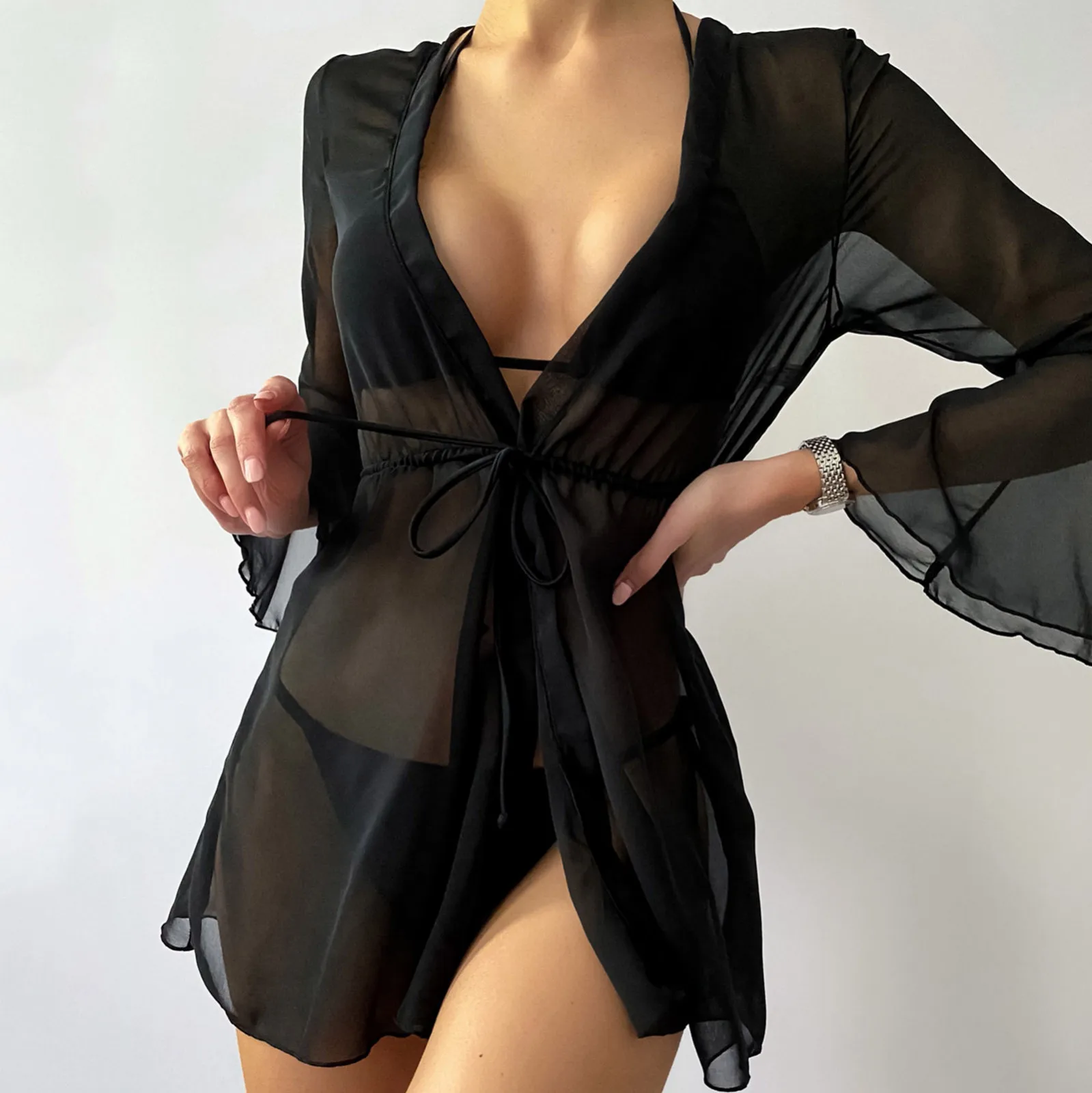 2022 Summer Women Black Chiffon Kimono Beach Cardigan Sheer Cover Up Swimwear Long Blouse Shirts Female Tops Tunic Shirt