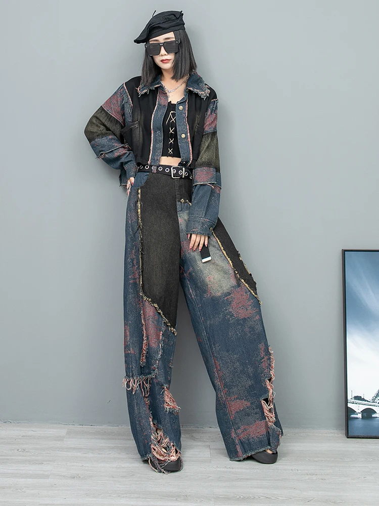 2024 Spring Autumn New Personalized Denim Long Sleeved Jacket Burr Edges Holes + Wide Leg Pants Two-piece Set Women LX080