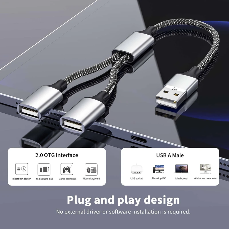 4-Port Braided USB 2.0 Splitter Cable - 0.25M Charging & Data Sync Extension