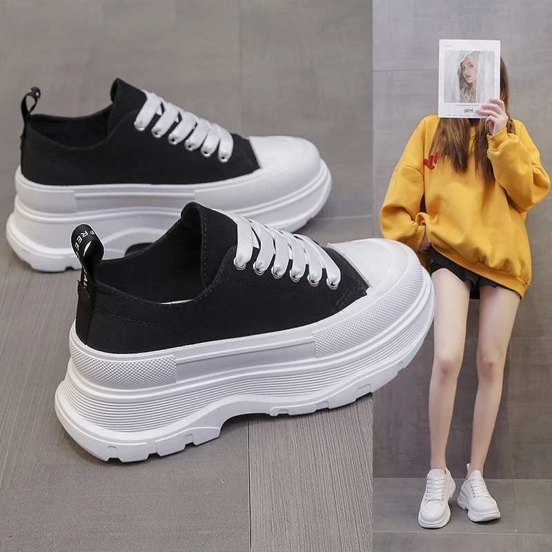 Canvas Shoes Woman Lace-Up Short Platform Boots Ankle Sneakers Girls Street Height Increase Shoes Canvas Breathable Chunky Outdo