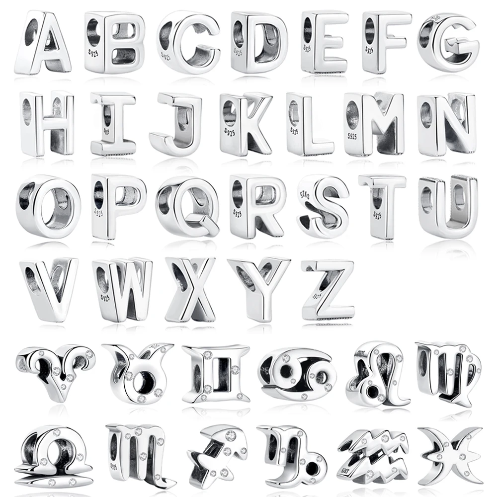 Original 925 Sterling Silver Charms Perles 12 Zodiac A-Z Lettres Vierge Bélier Fit saupoudrer Marque Bracelets Pendentifs Colliers Bijoux Pour Femmes