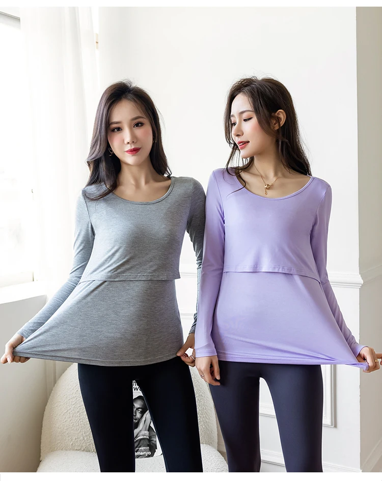 2022 Spring Pregnant Women Modal Lactation Clothes Long Sleeve O-Neck Maternity Breastfeeding Tees Postpartum Woman Nursing Tops Maternity Clothing