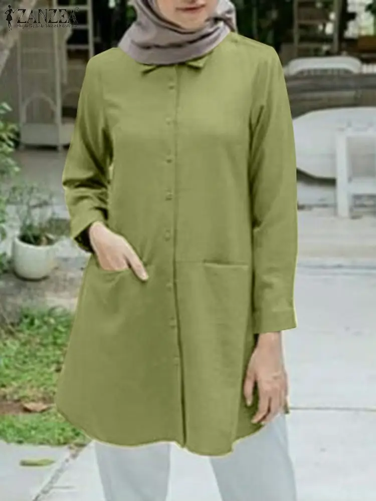 

ZANZEA Vintage Women Casual Solid Long Tops Dubai Turkey Abaya Hijab Muslim Blouse Chemise Autumn Lapel Neck Long Sleeve Shirt