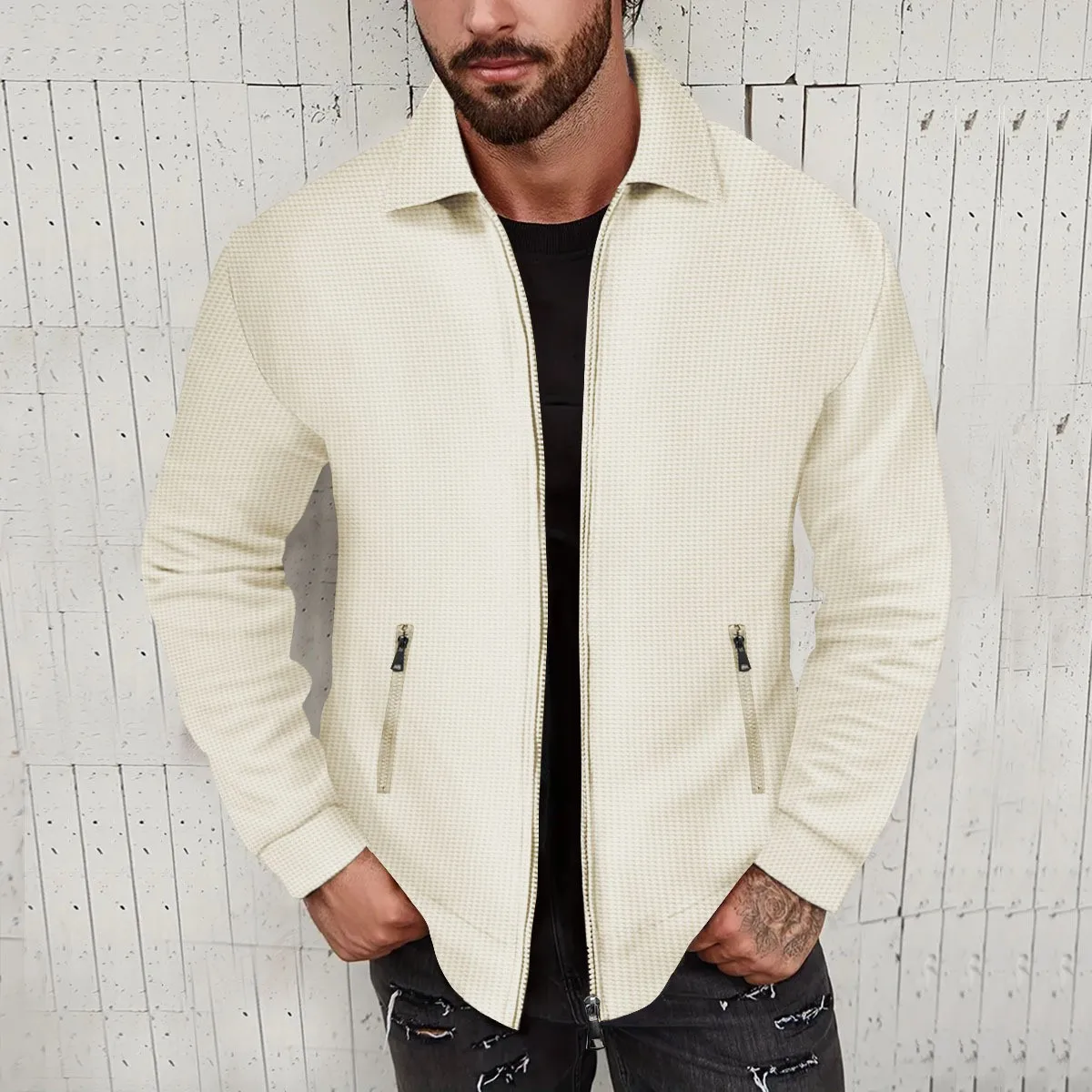 2023 Spring Autumn Long Sleeve Zipper Pocket Men's Jacket Breathable Waffle Men's Europe And America Casual Adult Coat Top breathable adult