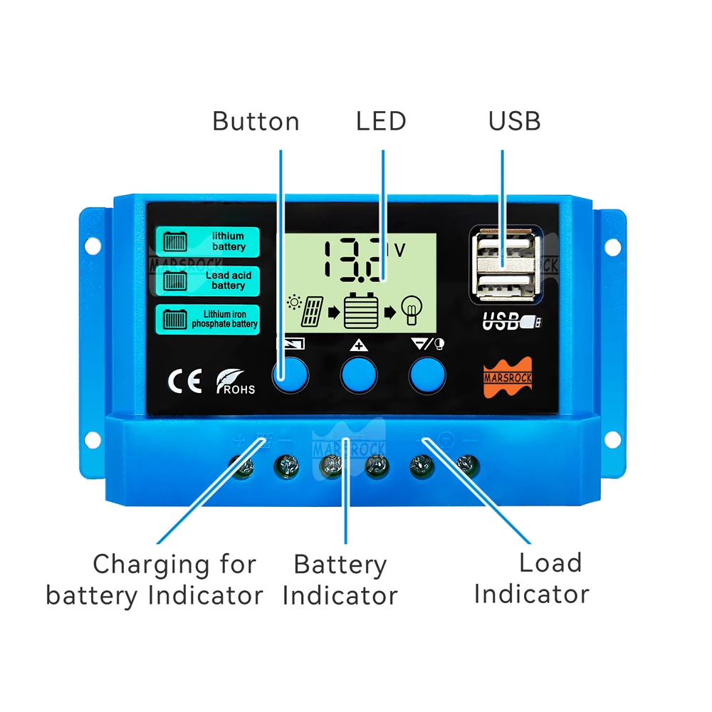 Regolatore di carica solare 10A 12V/24V regolatore di tensione pannello solare fotovoltaico con caricatore solare PWM Display LCD singolo USB