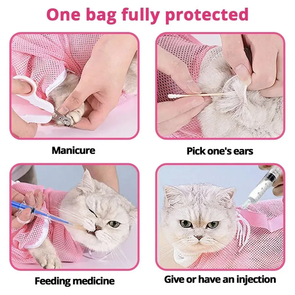 Adjustable Mesh Cat Grooming Bag For Bathing And Nail Trimming_voghion.com