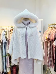 3 Colors Winter Striped Wedding Overcoat Faux Fur Pompon Cardigan Poncho Cape Warm Thick Women Casual Loose Shawl Cloak With Hat