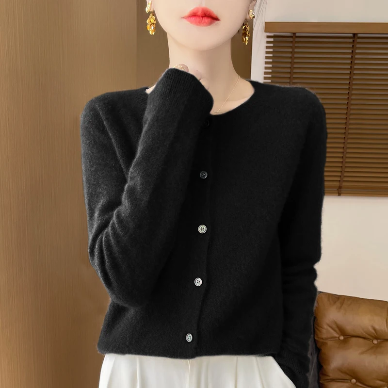 Fall/Winter 2024 new 100% Merino wool knitted round neck cardigan loose slim fashion solid color commuter sweater coat 6