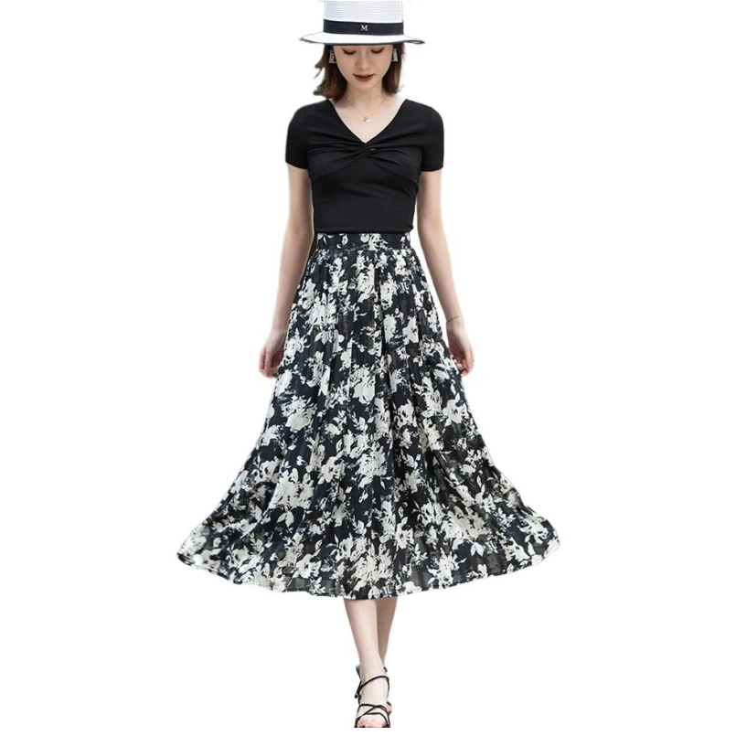 

Женская шифоновая юбка средней длины, легкая трапециевидная юбка с поясом на резинке и винтажным принтом, лето 2023