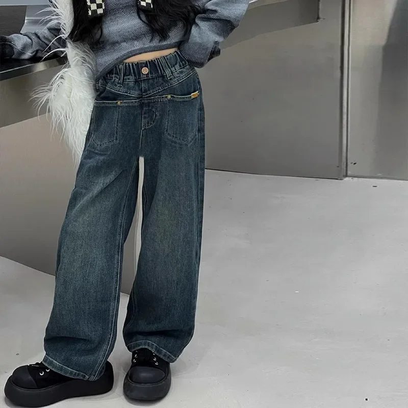 

Джинсы для девочек с буквенным принтом, Широкие джинсовые брюки для девочек, демисезонные детские брюки, Повседневная стильная одежда для детей