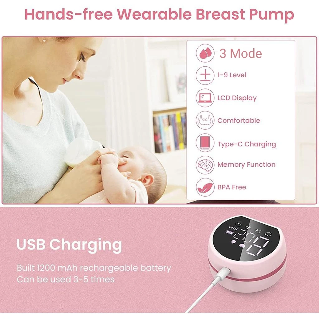 Electric Breast Pump Handsfree BPA Free Silicone Low Noise Efficient Sucking Milk USB Charge Wearable Electric Breastmilk Pump 2